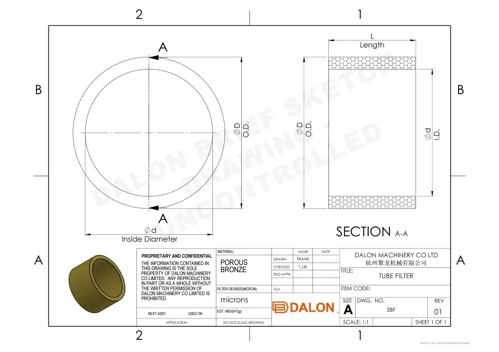 porous metal filter Technical Drawing